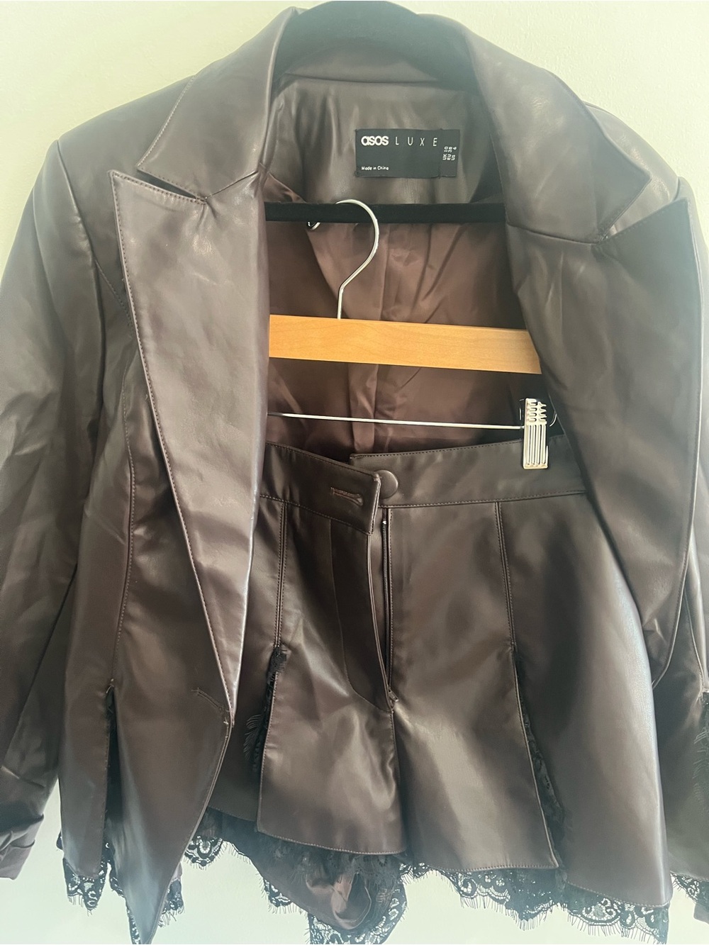 ASOS Luxe Burgundy Faux Leather Blazer & Short Set – Lace Trim (US 6 / UK 10)